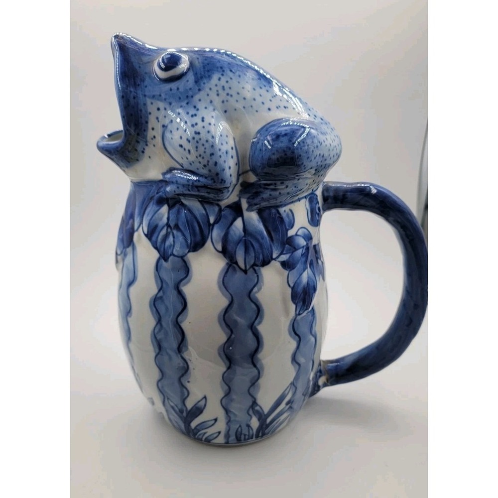 Vintage 10.5" Blue and White Ceramic Majolica Frog Pitcher, Vase